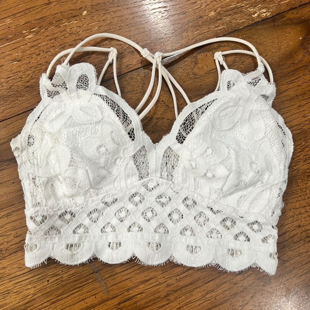 Zenana White Lace Bralette Small Boho Festival Smocked Strappy Cami Crop Top